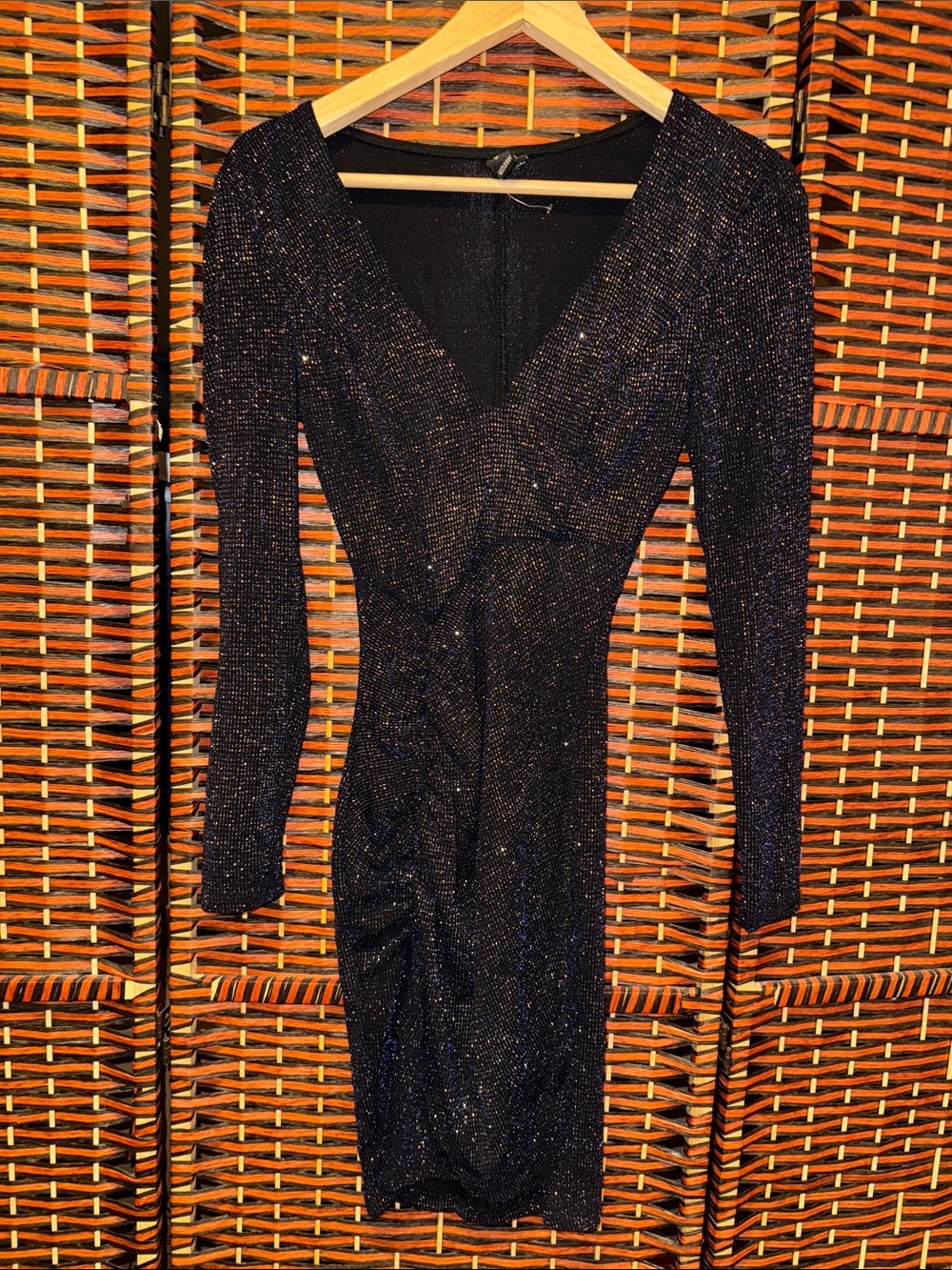Windsor Dark Blue Sparkle Long-Sleeve V-Neck Bodycon Dress